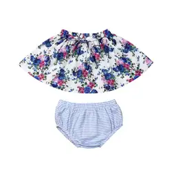 Летняя детская одежда для маленьких девочек Свободный жилет без бретелек без рукавов с цветочным принтом топы + короткие штаны в полоску