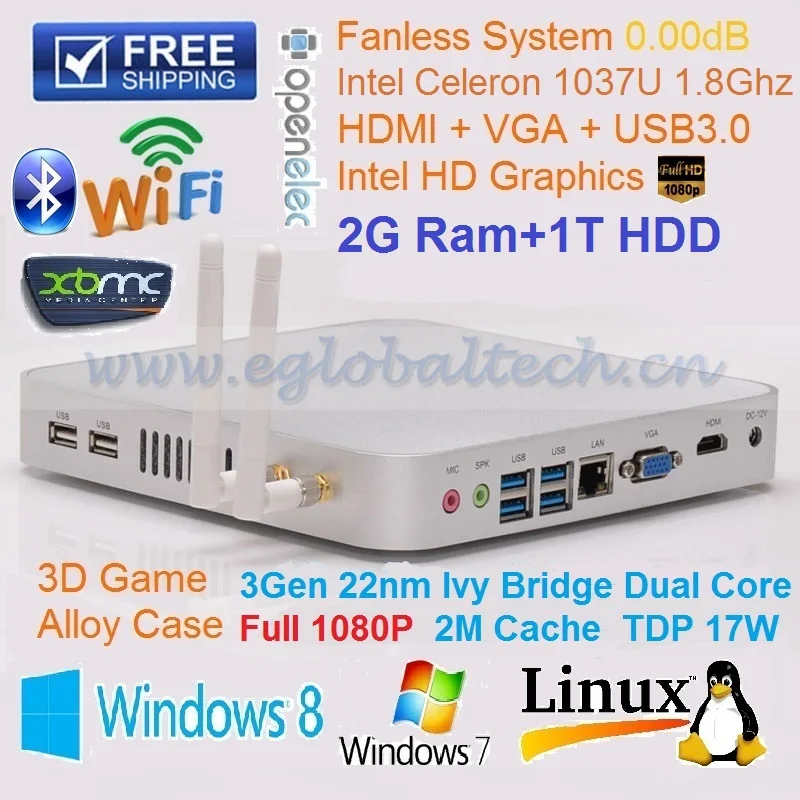 Cheapest Small Computer Little PC with Intel Celeron 1037U 1.8Ghz Fanless Mini Nettop 2GB DDR3 Ram 1TB HDD Home Theater PC