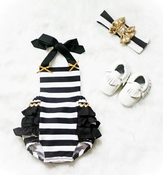 

US STOCK Baby Girls One-Piece printed Stripe Bodysuit with headband Jumpsuit Sun suit Outfits Clothes halter sleeveless