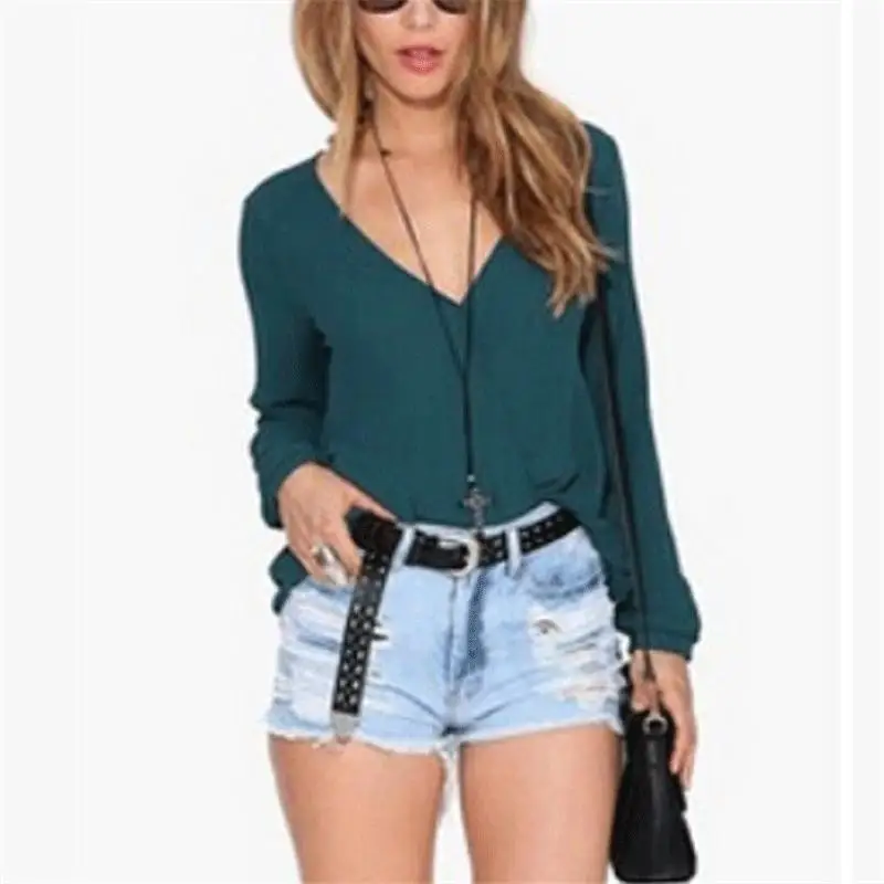 New Summer Style Sexy Deep V Neck Causal Women font b Blouses b font Chiffon font