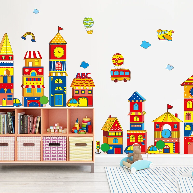  Large Castle Cartoon Wall Sticker for Kids Room Living Room Kindergarten Baby Nursery Color Buildin - 33046369174