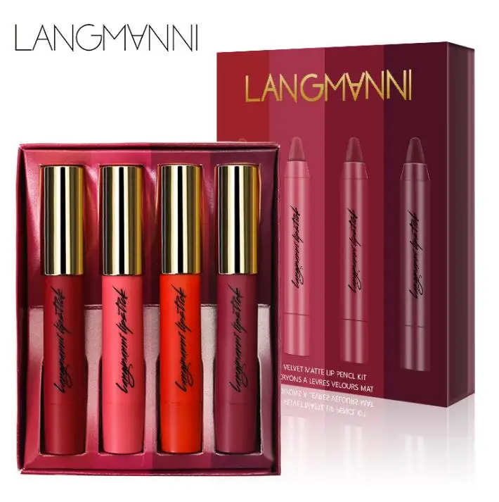 

LANGMANNI 4 colors Matte Lipsticks Waterproof Non-stick cup Matte Lipgloss pen Cosmetic Easy to Wear Batom Make-up kit Red set
