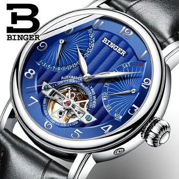 

Horloges mannen Switzerland BINGER Big dial Automatic Watch Men Tourbillon Sapphire Calendar Week Luminous Genuive Leather Strap