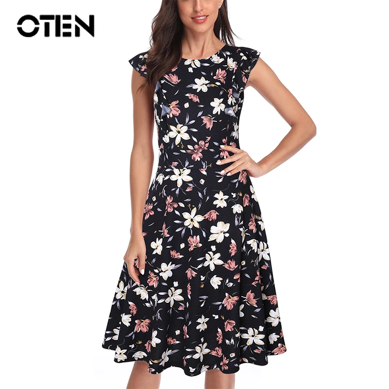 

OTEN Women's Vintage Floral Ruffled Sleeve Knee Length Cocktail Swing Party Dresses Винтажное платье