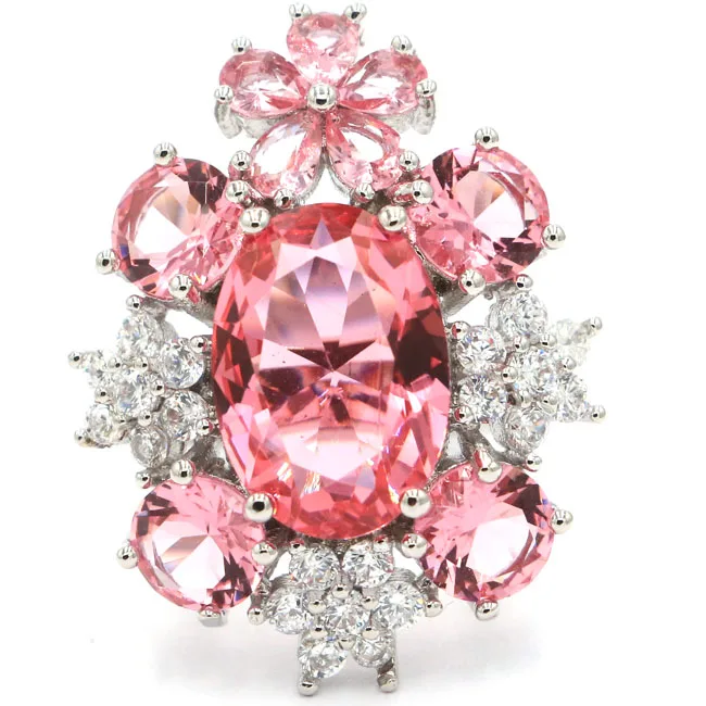 

US sz 8.0# Hot Sell Pink Morganite SheCrown CZ Ladies Present Silver Ring 29x23mm