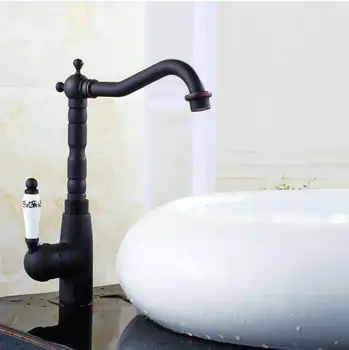 

Free Shipping Solid Brass Bathroom Sink Basin Faucet Black Brass Ceramics Handle Retro Style swivel Mixer Tap Deck Mount H5333