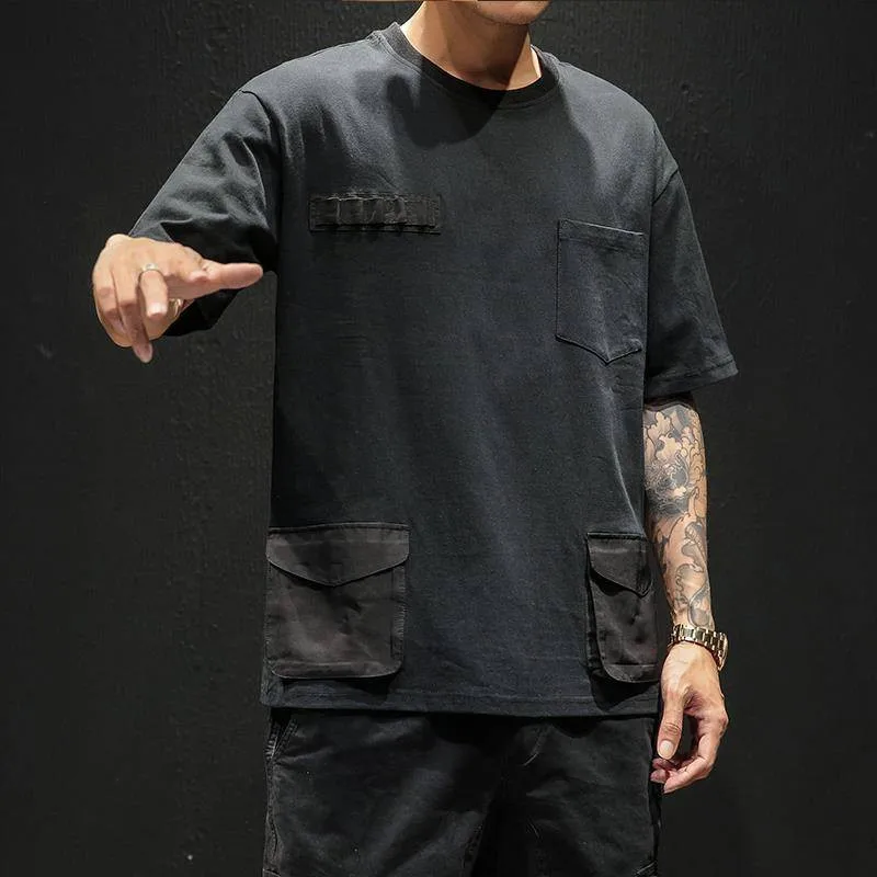 

Hip Hop T-shirts Men With pockets Harajuku Oversized Tops Tee Japan Tshirt Streetwear Casual Solid High Street T Shirts Boy