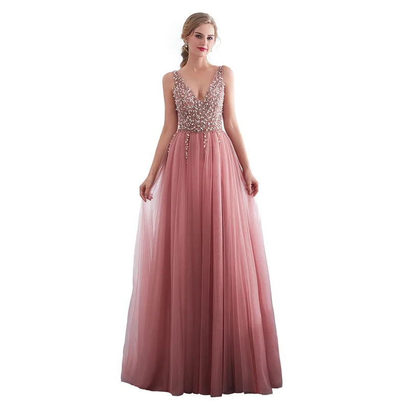 

In Stock Tulle Deep V-neck Beading Long Evening Gown Floor Length Tank Prom Party Dresses Vestido de noche Robe de soiree 30651