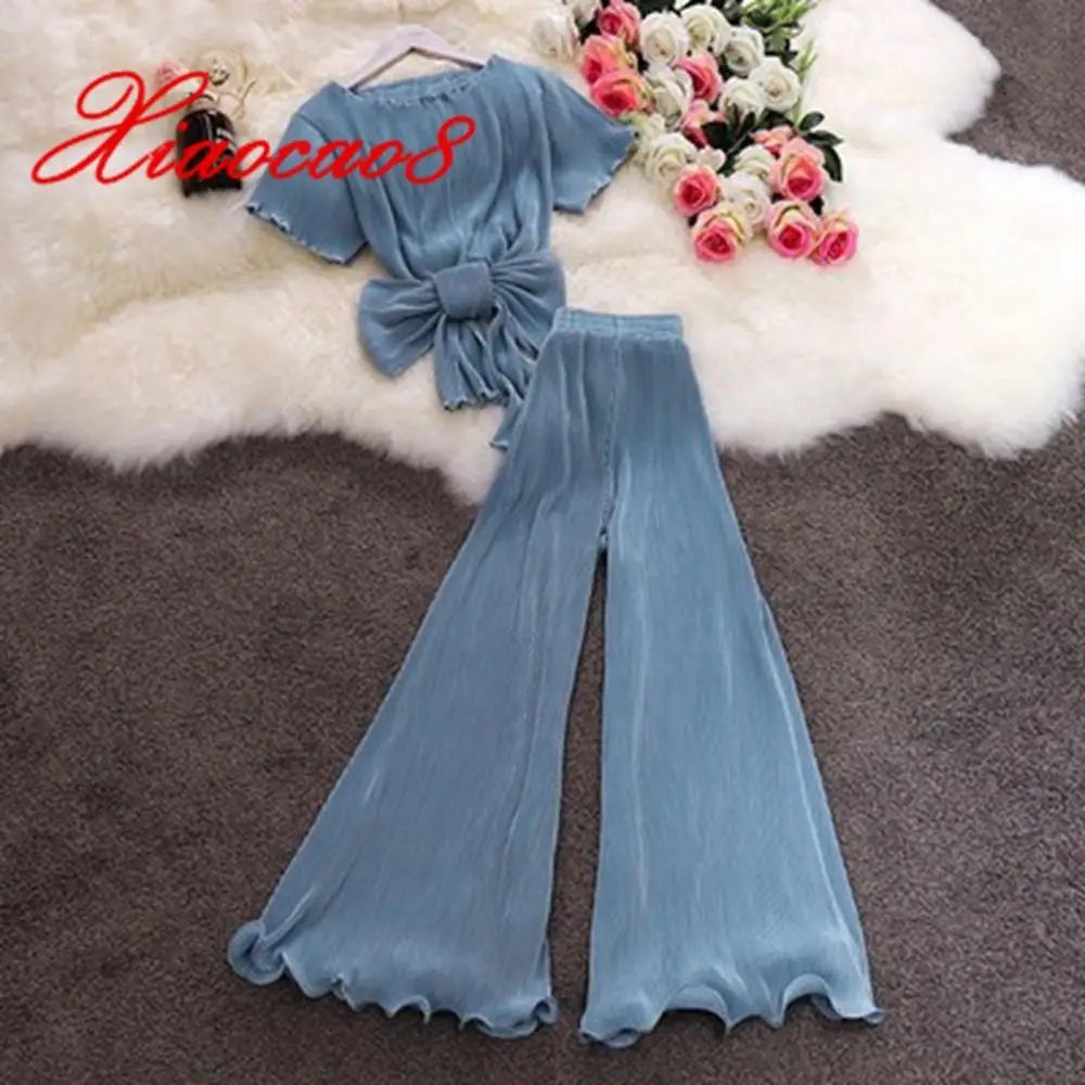 

2019 Summer Matching Sets for Women Short Sleeve O Neck Lace Up Chiffon Tops + Casual Loose Pants Ensemble Femme Flare Pants Set