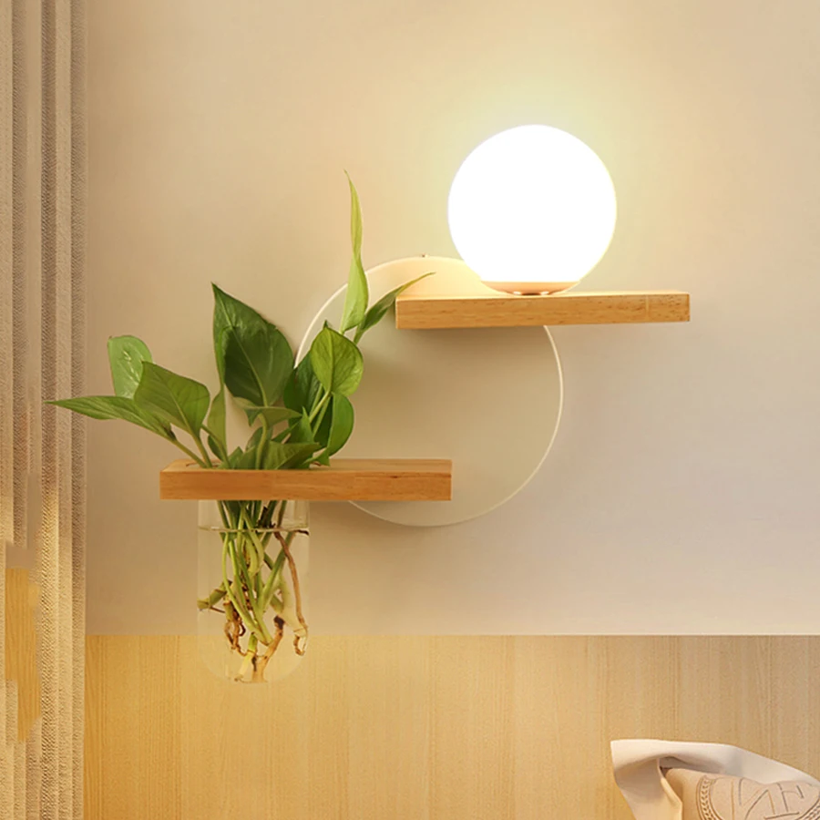 

Thrisdar Nordic Creative Wooden LED Wall Lamp With Plant Bottle Bedroom Bedside lamp Aisle Corridor Hotel Plant LED Wall Light