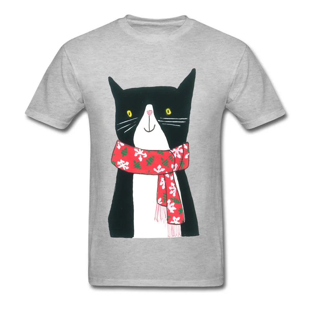 Cat With A Scarf All Cotton Tops Shirt for Men Leisure Top T-shirts Custom Discount O-Neck T-shirts Short Sleeve Cat With A Scarf grey