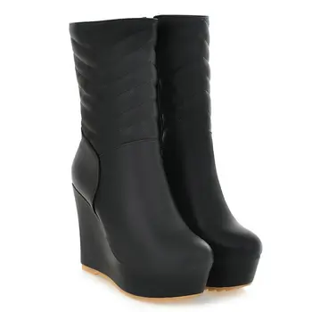 

B2-7 Size 34-39 Female PU Leather Zips Ankle Boots Ladies Platform Short Plush Shoes Women Winter Boot Woman Fashion Wedges Shoe