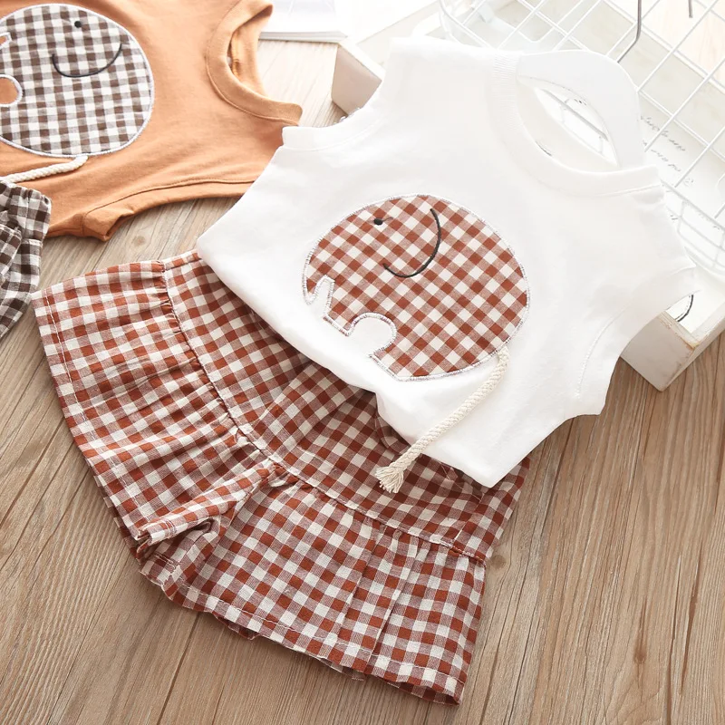 

Girls Summer Set 2019 Kids Clothes Girls Clothing Sets Two-Piece Kids Suit Children Clothes Cotton Cartoon Plaid Wear 2-6 Years
