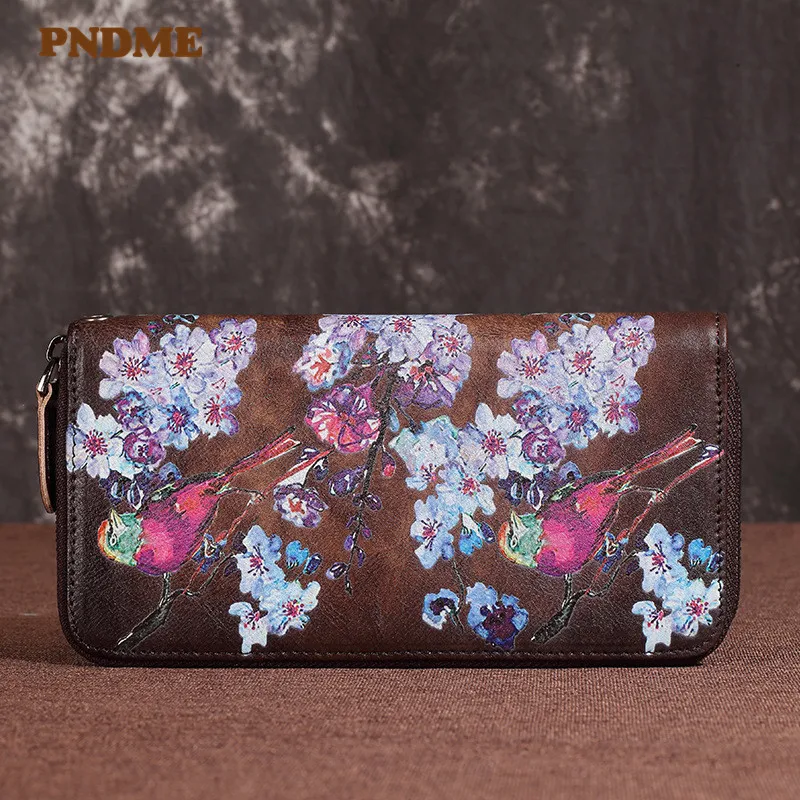 

PNDME vintage fashion embossed genuine leather ladies wallet women's designer handmade flower cowhide female zipper card package