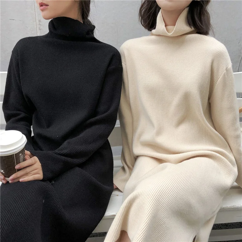 

Turtleneck Knitted Dress Women Korean Style Split Long Sleeve Basic Black Robe Femme Pure Color Apricot Midi Dress Winter Autumn