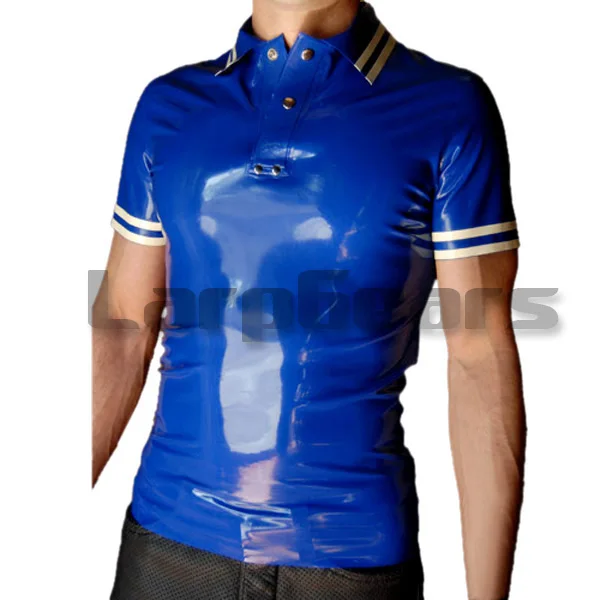New Dark blue with white Latex Men's Polo-Shirt Short Sleeves Latex Rubber Tee Plus Size XXXL New Dark blue with white Latex Men's Polo-Shirt Short Sleeves Latex Rubber Tee Plus Size XXXL