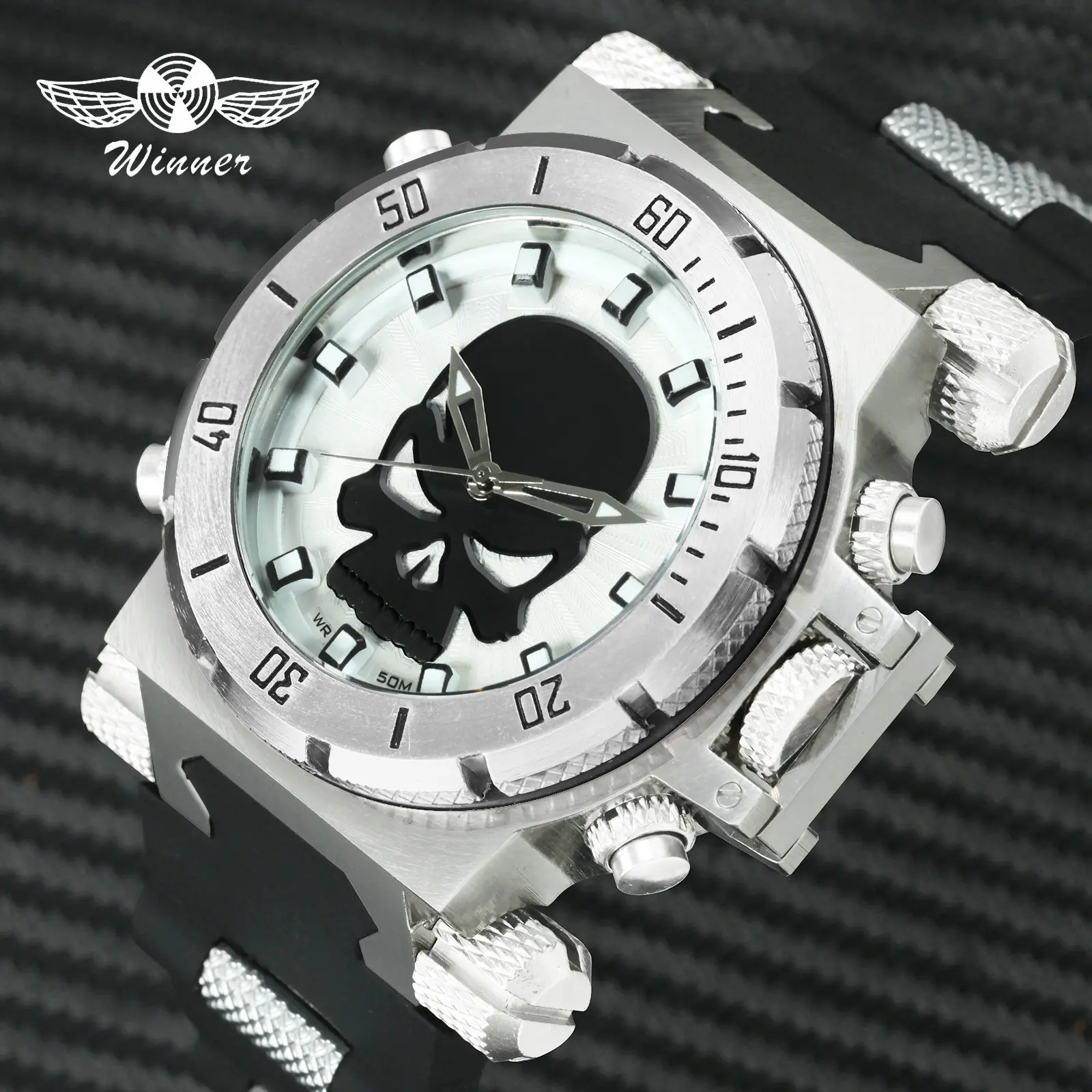 

WINNER Official Sports Creative Watches Hip Hop Skull Quartz Luxury Brand Men Watch Casual Business Wristwatch Mens Rubber Strap