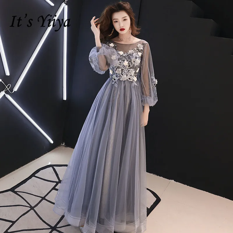 It's YiiYa Evening Dress Full Appliques Beading Flowers Beautiful Formal Dresses Blue Gray Lantern Sleeve Long Party Gown E064