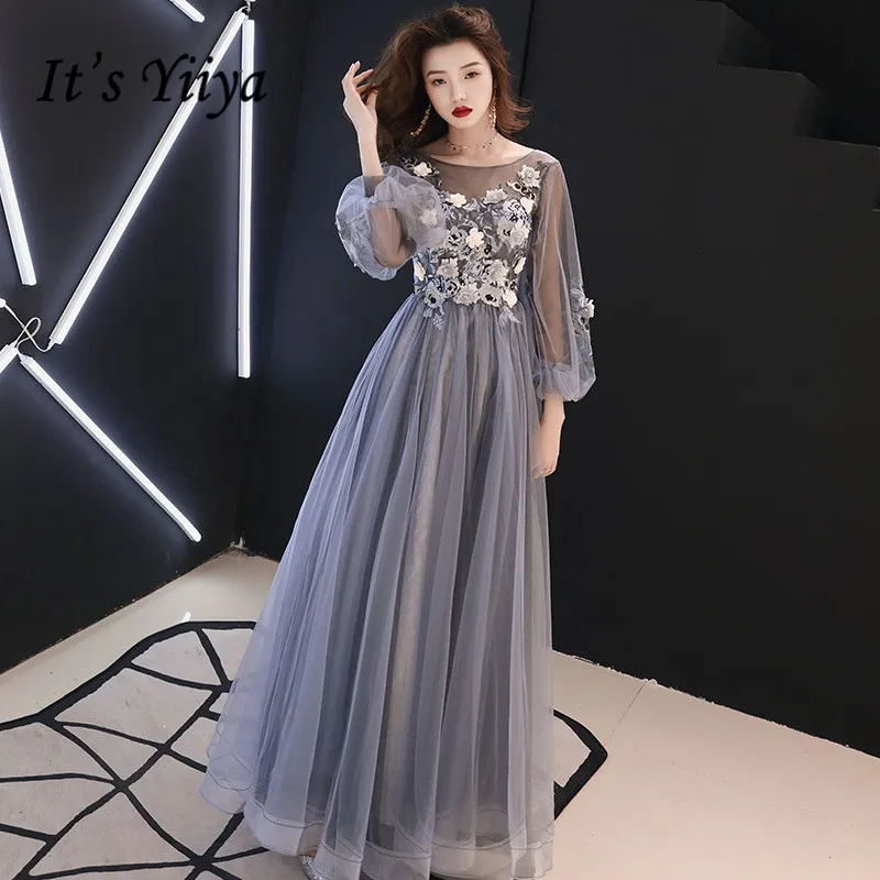 

It's YiiYa Evening Dress Full Appliques Beading Flowers Beautiful Formal Dresses Blue Gray Lantern Sleeve Long Party Gown E064