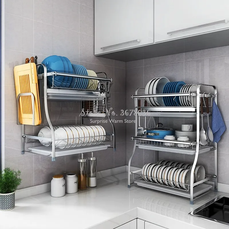 New Wall-mounted/ Desktop Multi-use 2/3 Layers Dish Rack Drain Stainless Steel Dish Drying Rack Kitchen Organizer Anti-rust