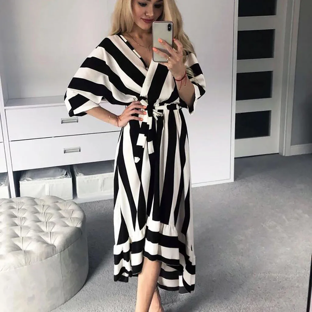 

Women's Dress Summer Fashion Asymmetrical Casual Striped V Collar Sashes Half Sleeve Mid Calf Vestidos Daily Stroll OY41*