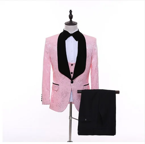 

Mens Pink Floral Design 3 Piece Suit Slim Fit Wedding Men Grooms Evening Prom Shawl Lapel Formal Suit Single Breasted Blazer