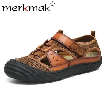 

Merkmak Summer Leather Men's Sandals Solid Hollow Breathable Outdoor Soft Beach Shoes Casual Men Footwear Flat Soft Man's Shoes