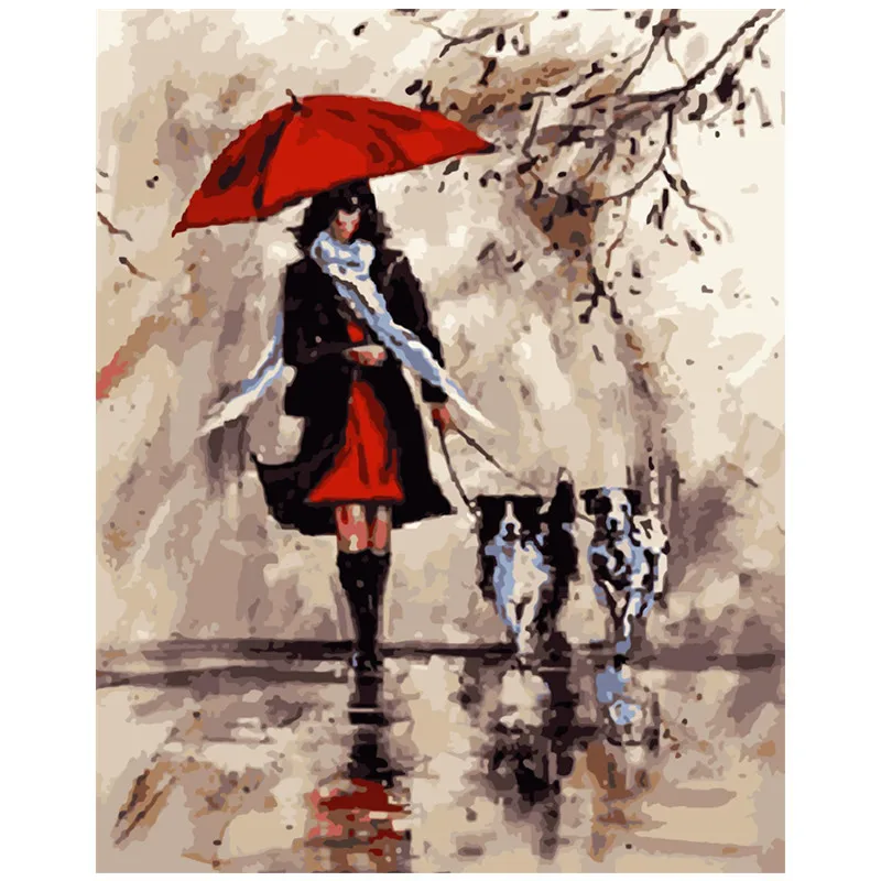 

Painting By Numbers DIY Dropshipping 40x50 50x65cm Red umbrella female and dog Figure Canvas Wedding Decoration Art picture Gift