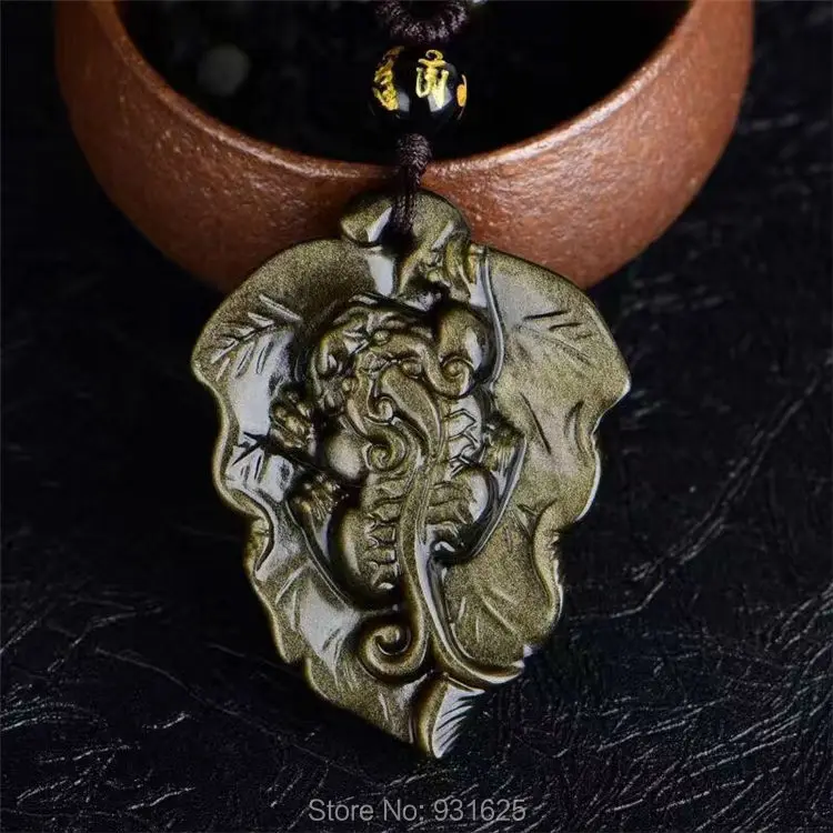 Wonderful Natural Gold Obsidian Hand Carved Cute Leaf PIXiu Lucky Amulet Pendant + free Black Beads Necklace Fashion Jewelry | Украшения и
