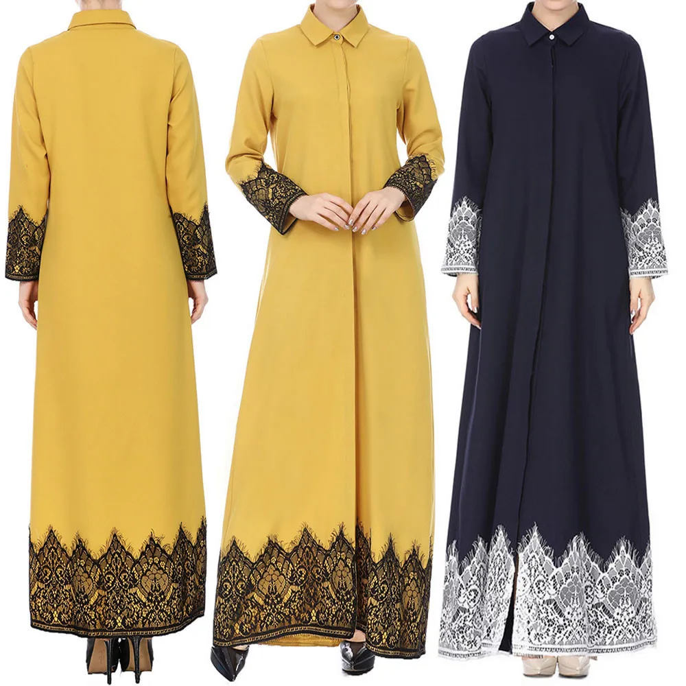 

Muslim Dress 2019 Women Lace Trimmed Front Abaya Muslim Maxi Kaftan Kimono