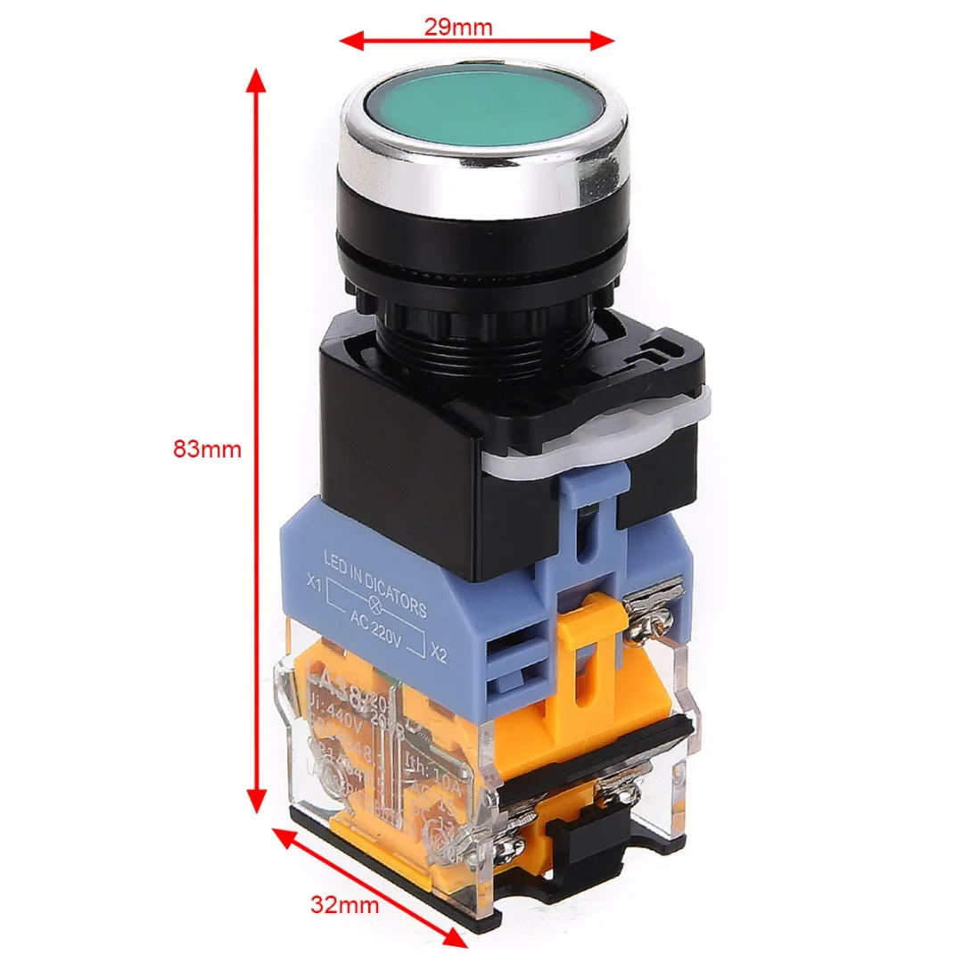 NO+NC START STOP DPST LED Momentary Push Button Switch AC 220V For Starter Contactor Relay Mayitr