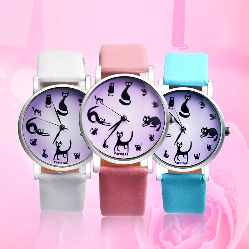 Small Fresh Classic Fashion Leather Women Quartz Wristwatch Simple Cute Cat Printing Dial Casual Ladies Watch Clock Reloj 533