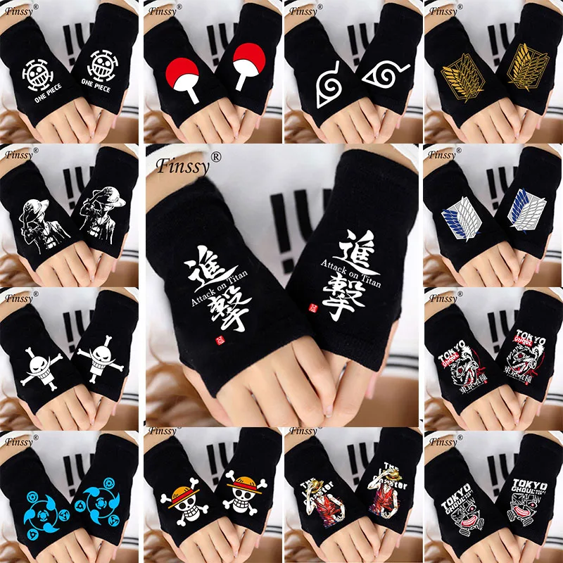 

Anime one piece Luffy Skull Heads Attack on Titan Symbol half finger Finger less plush knit gloves winter warm Mitten