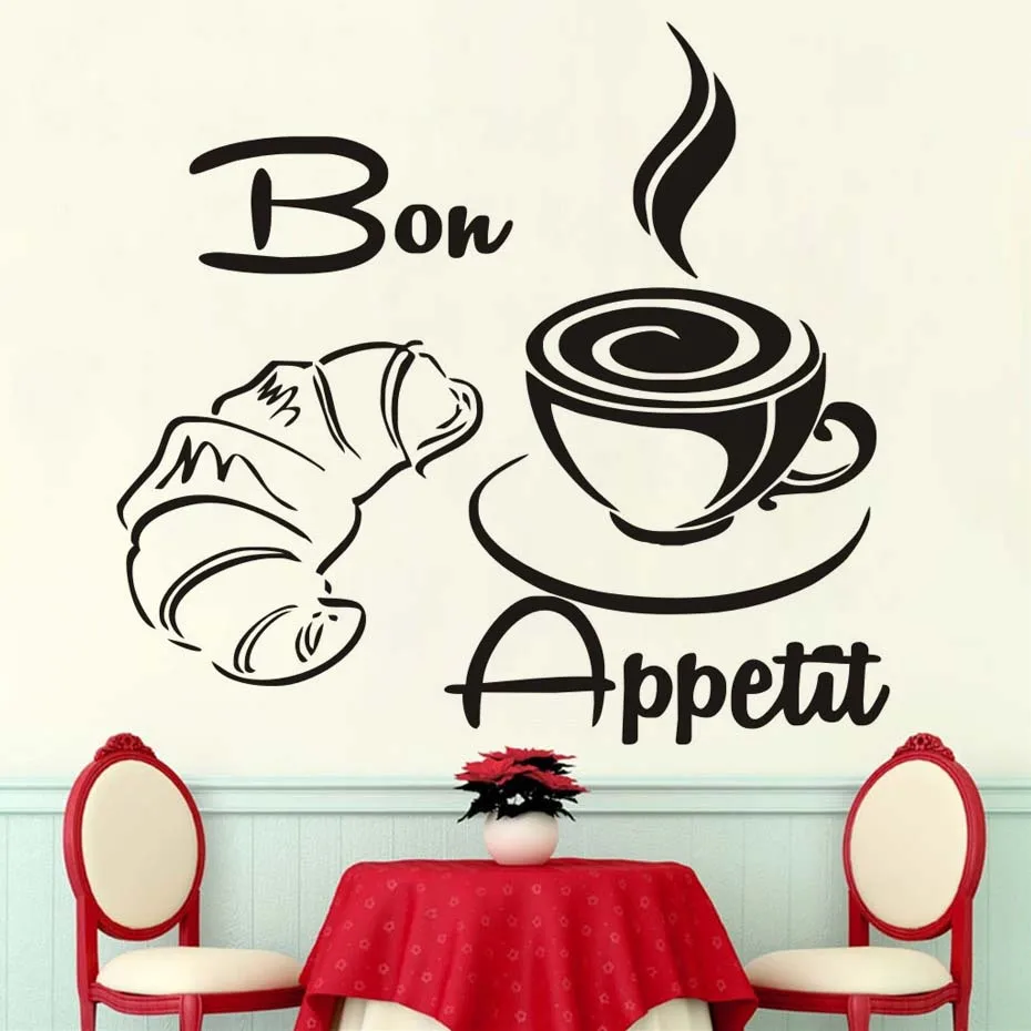 Large Size Free Shipping Modern Coffee Croissant French Bon Appetit Kitchen Wall Stickers, Home Decor Art Wall Quotes