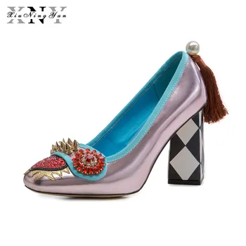 

XiuNingYan Women's Pumps 9Cm Woman Party Shoes Wedding Square Heel Handmade Real Leather Pearl Tassel Summer Autumn DIY Shoes