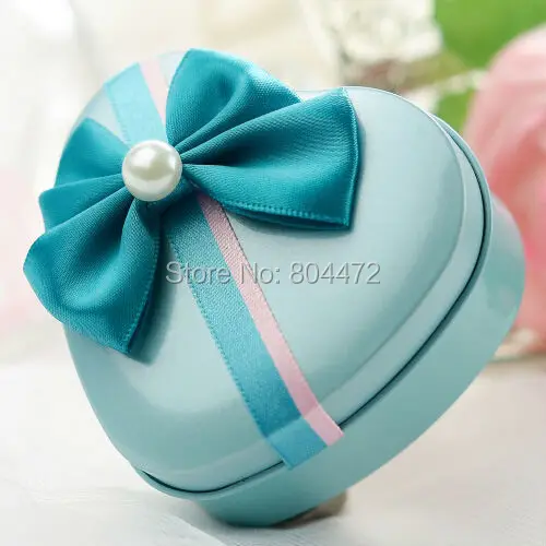 100 Pieces Blue Heart Shape Metal Favor Tin with Pearl Decorations