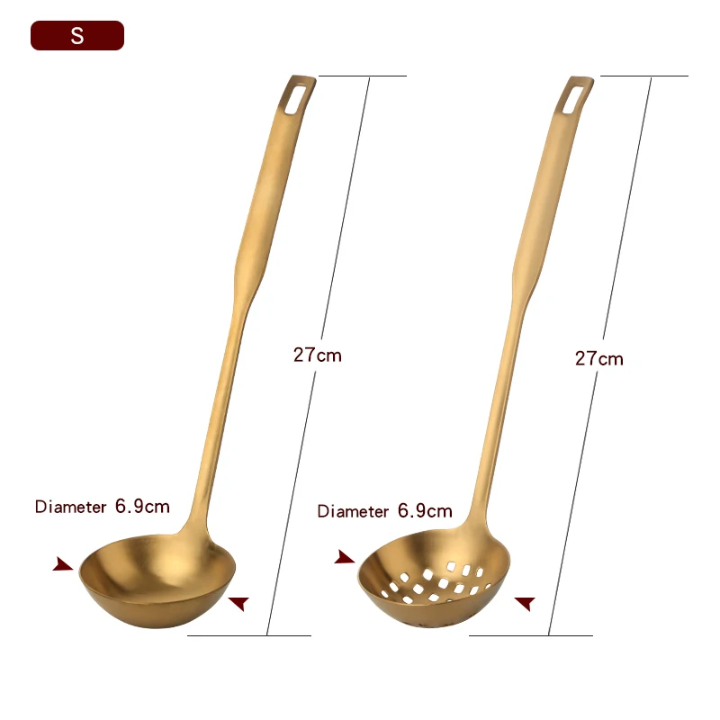 2 шт посуда из нержавеющей стали матовый суп половник и половник-дуршлаг набор кухонных инструментов длинная ручка щелевая ложка с отверстиями настенный - Цвет: Gold small set