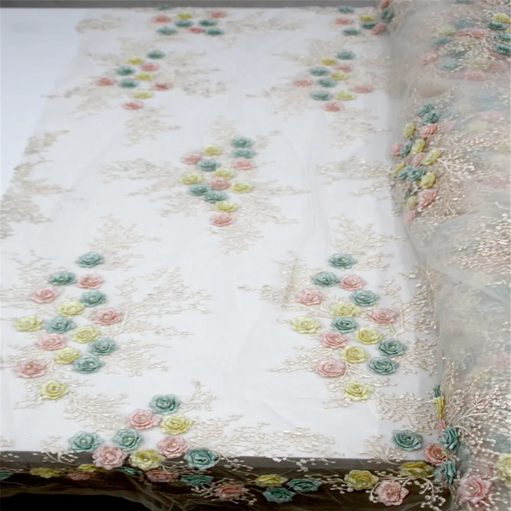 

French 3D flowers beaded lace fabric 2018 Stylish lace fabric with beautiful flower pattern for gallant dress A487-1