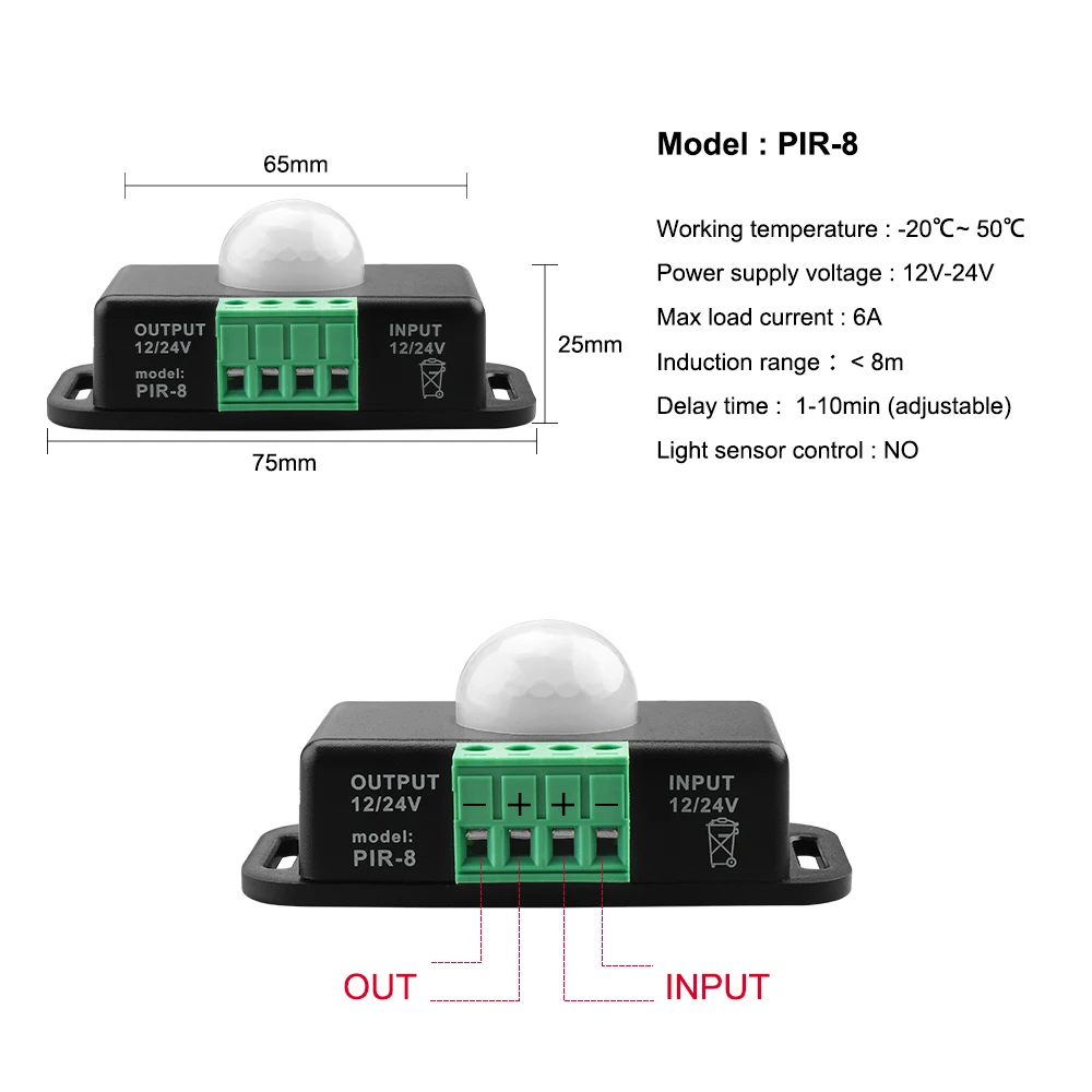 DC5V-24V, 12 В, инфракрасный датчик движения, датчик управления, светочувствительный датчик, переключатель для светодиодной ленты, светильник, разъем постоянного тока