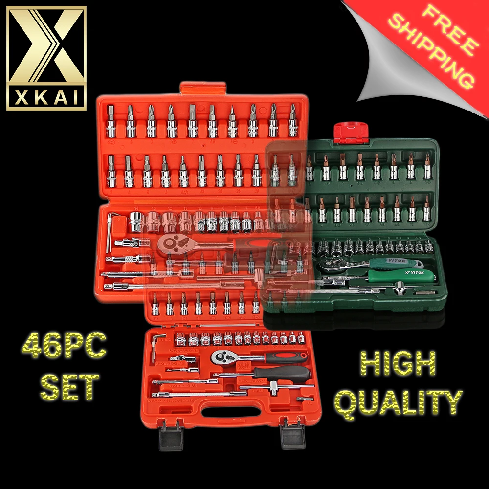 

XKAI Free Shipping 3 kind 46pc High Quality Socket Set Car Repair Tool Ratchet Set Torque Wrench Combination Bit a set of keys
