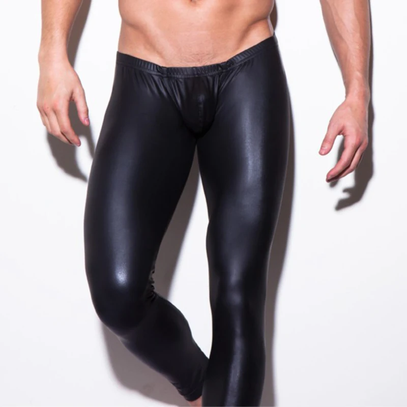 High Elastic Mens Black Red Faux Leather Latex Pencil Leggings Wetlook Bondage Pants Gay Male Fashion Tight Boxer Underwear