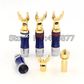 

8pcs Gold Plated Copper Spade Fork plug Speaker Screw Lock Connector