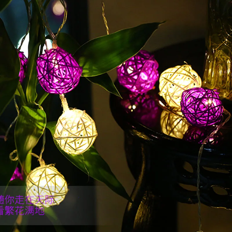 Bateria Levou Seqüência de Luz de Natal ao ar Livre 20 Branco Roxo Rattan Bolas de Fadas Casamento Holiday Garden Decoração do Quarto Luz Guirlanda