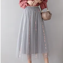 HAMALIEL/Женская Плиссированная Юбка-миди из серого тюля с блестками,, модные сетчатые плиссированные юбки с высокой талией, элегантные длинные вечерние пляжные юбки