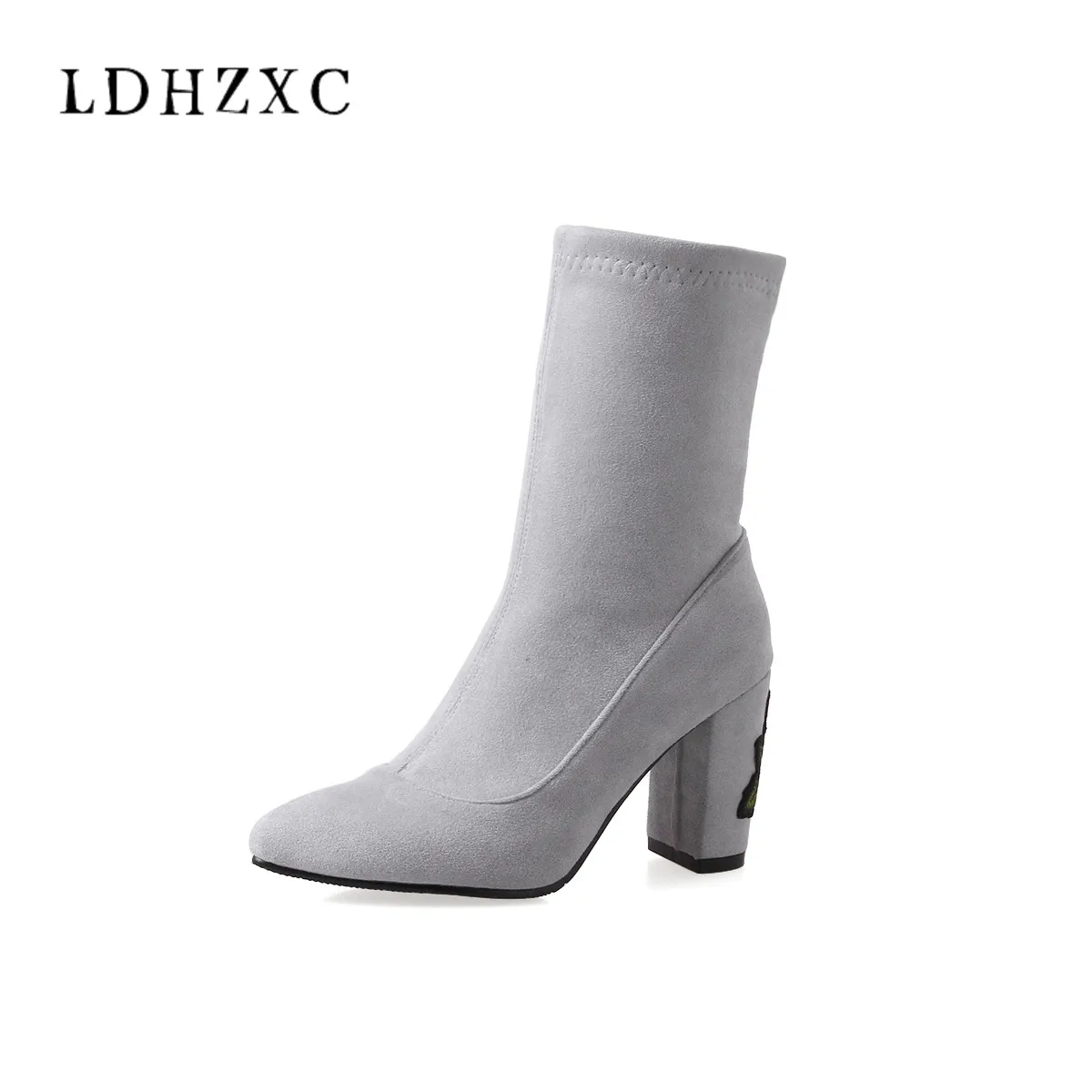 

LDHZXC 2019 new Women fashion Boots Square High Heels Autumn Shoes Round Toe Western Style Ladies Boots big Size 34-43 11 12