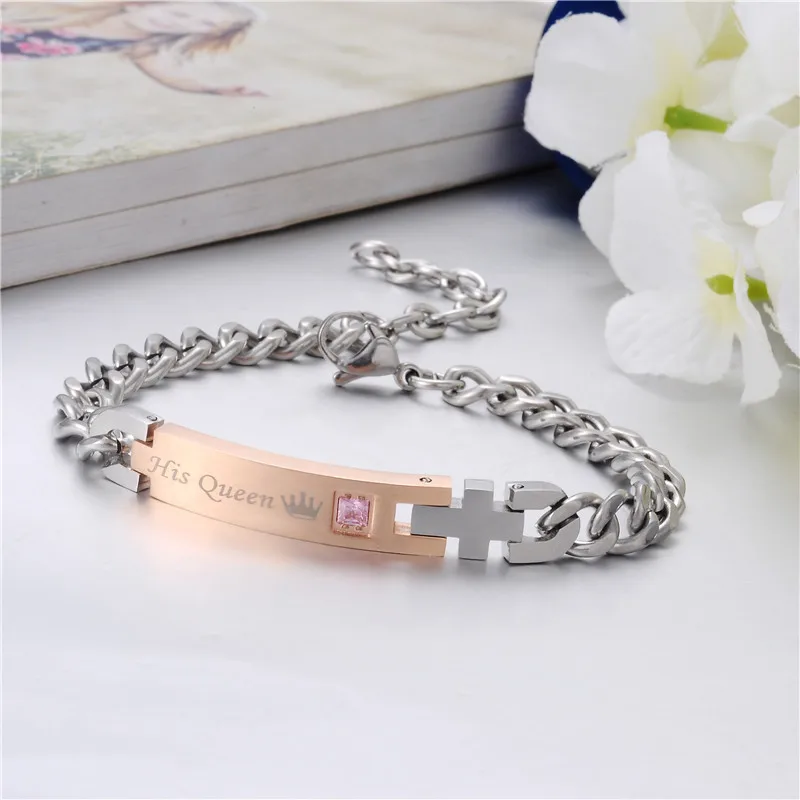 New Arrival His Queen Her King Couple Stainless Steel Crystal Charm Bracelets For Women Men Bangles Jewelry