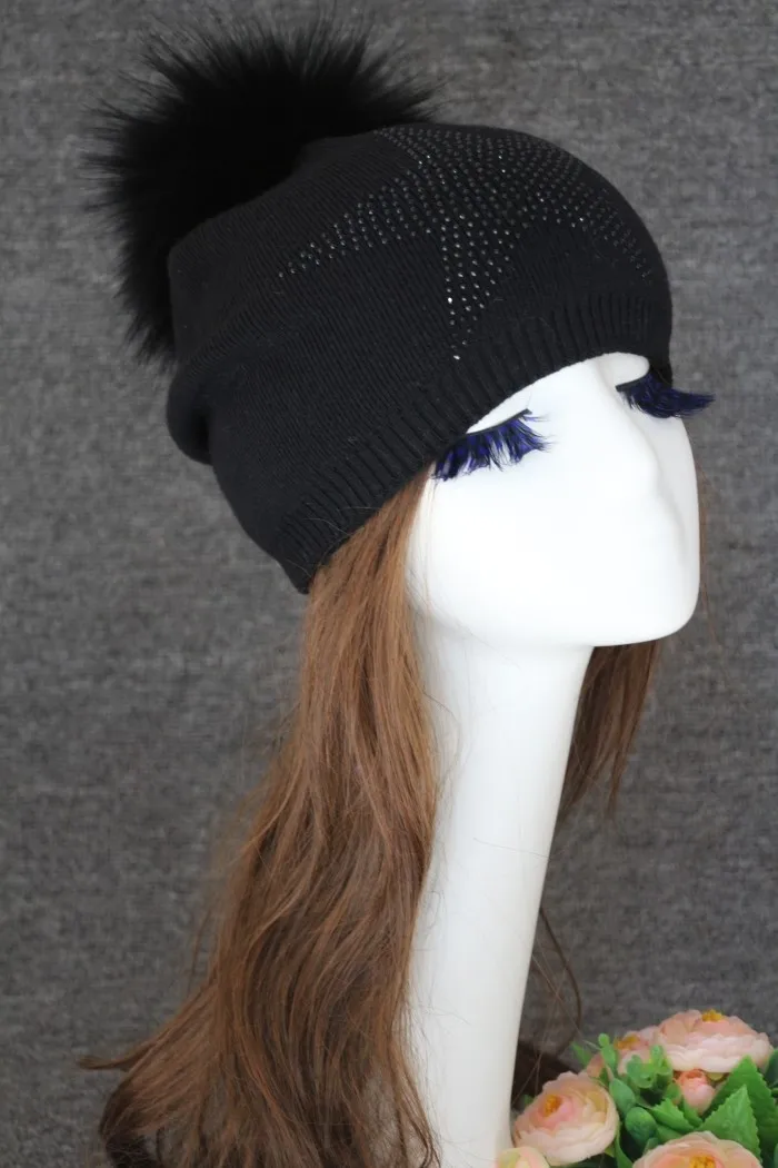 Fauzimen зима для женщин натуральный мех шапки с помпоном шерстяной вязаный толстый теплый внутри шапочки шляпа Леди Мода bobble лыжный шапки