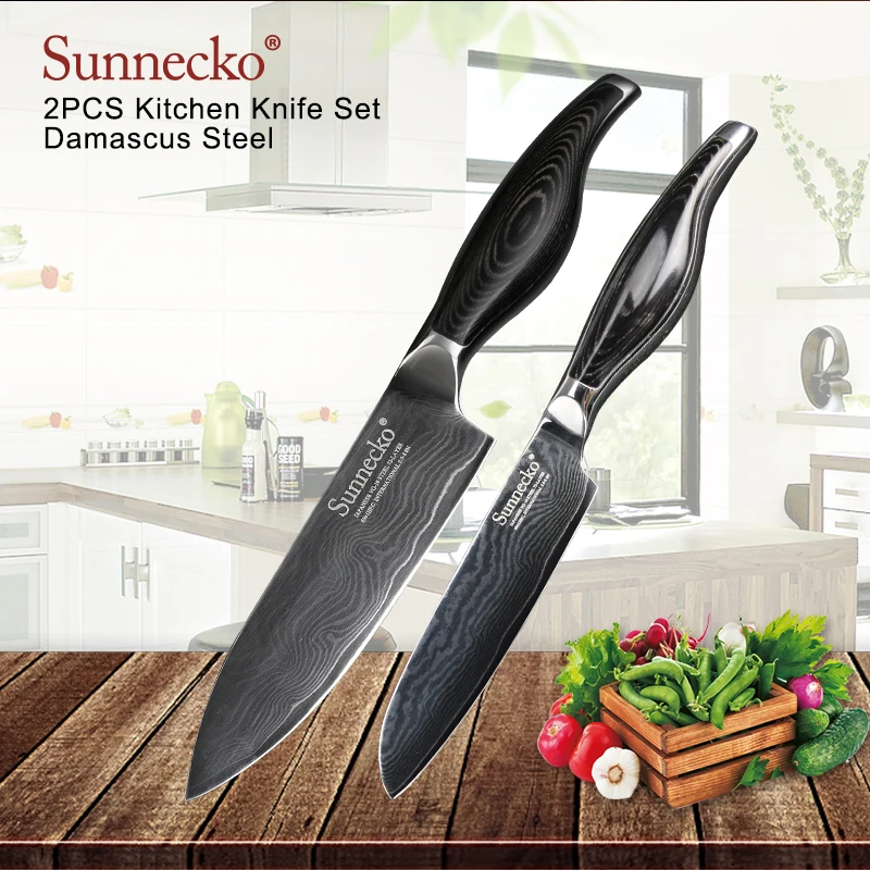 SUNNECKO 2 шт. Кухня Набор ножей 5 ''Santoku 6'' повар Ножи Дамаск японский VG10 Сталь лезвие Pakka Деревянная ручка мясник