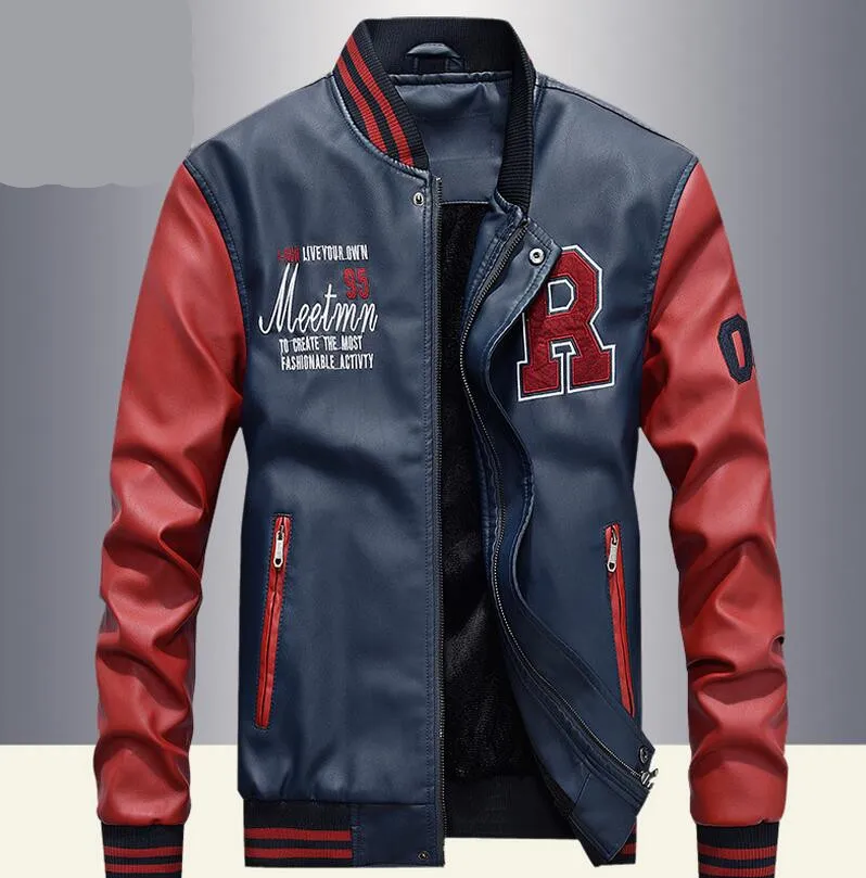 Bomber Jackets Men Embroidery Baseball Jackets Coats Pu Faux Leather