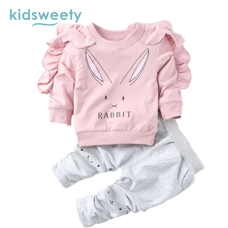 Kidsweety Girls Sets 2017 Cotton Cartoon Cute Hoodie Pants Suits Falbala Pullover Letter Lovely Girl Twinset